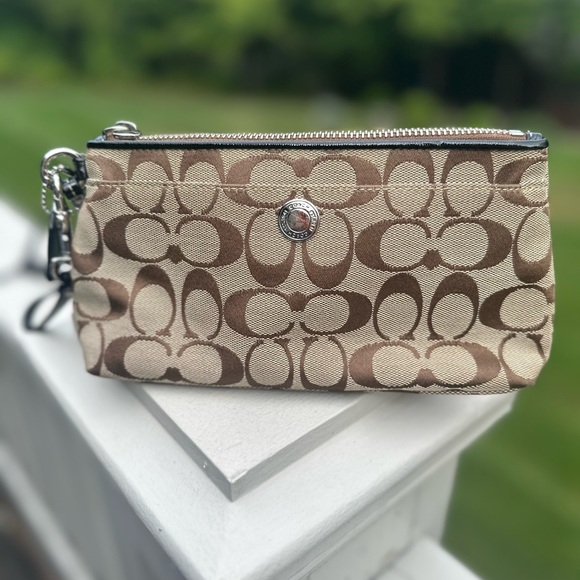 Coach Signature Brown and Cream Wristlet - Picture 1 of 6